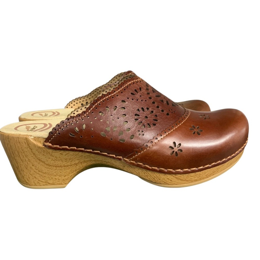 Dansko Brown Leather Clogs with Wood-Look Heel